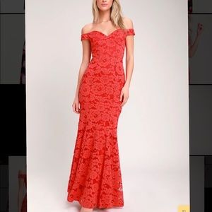 Swept Up Red Lace Off-the-Shoulder Maxi Dress